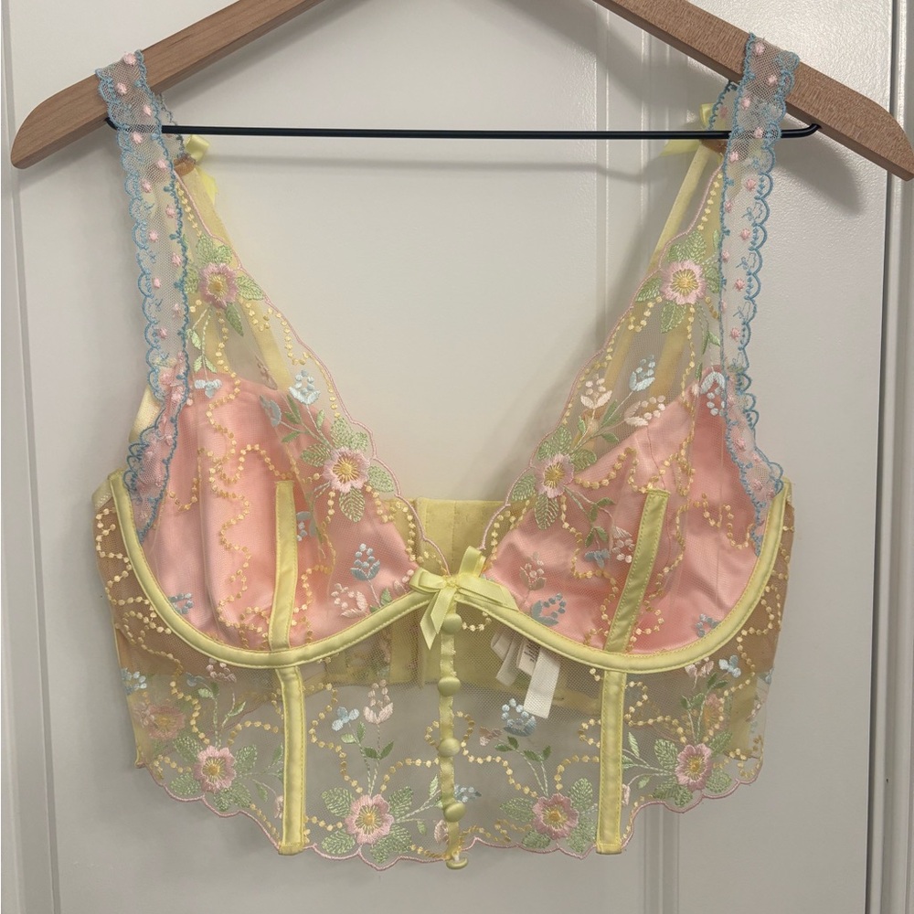For Love And Lemons Yellow and Pink Floral Embroidered Bralette